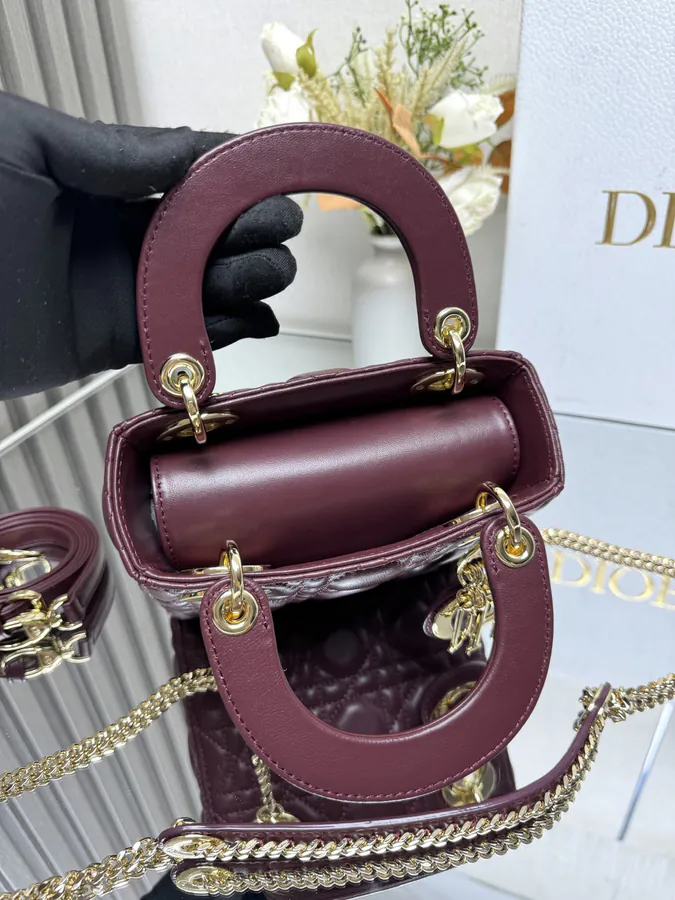 Classic Lady D Bucket Bag in Wine Red Calfskin