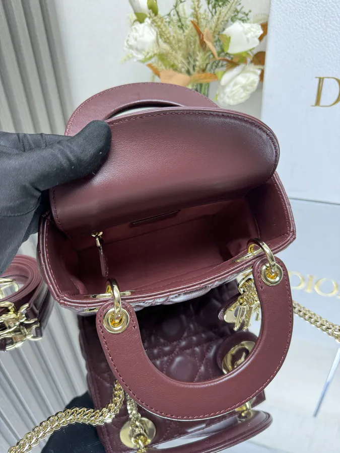 Classic Lady D Bucket Bag in Wine Red Calfskin