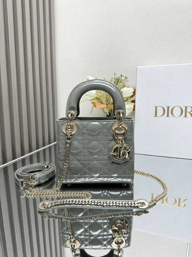 Classic Lady D Three Compartment Rock Grey Lacquered Calfskin