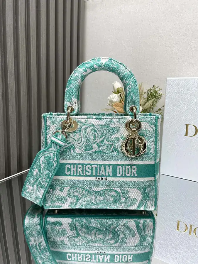 Christian Dior Lady Embroidered Flap Bag with Green Tiger Design