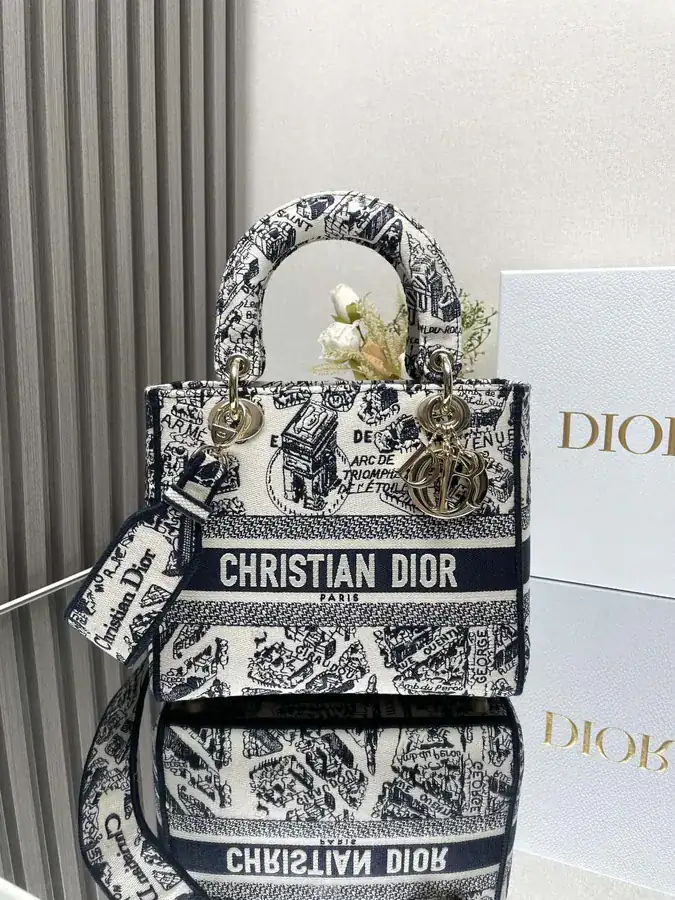 Christian Dior Lady Embroidered Bucket Bag with Paris Map Blue