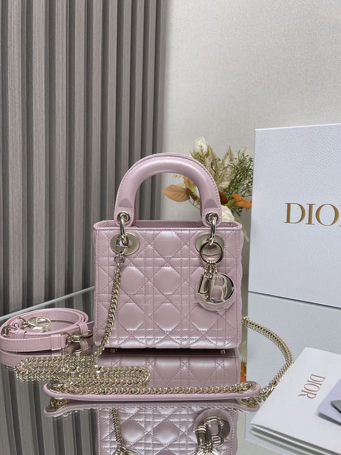 Classic Lady D Three Compartment Glossy Pink Grained Calfskin Tote