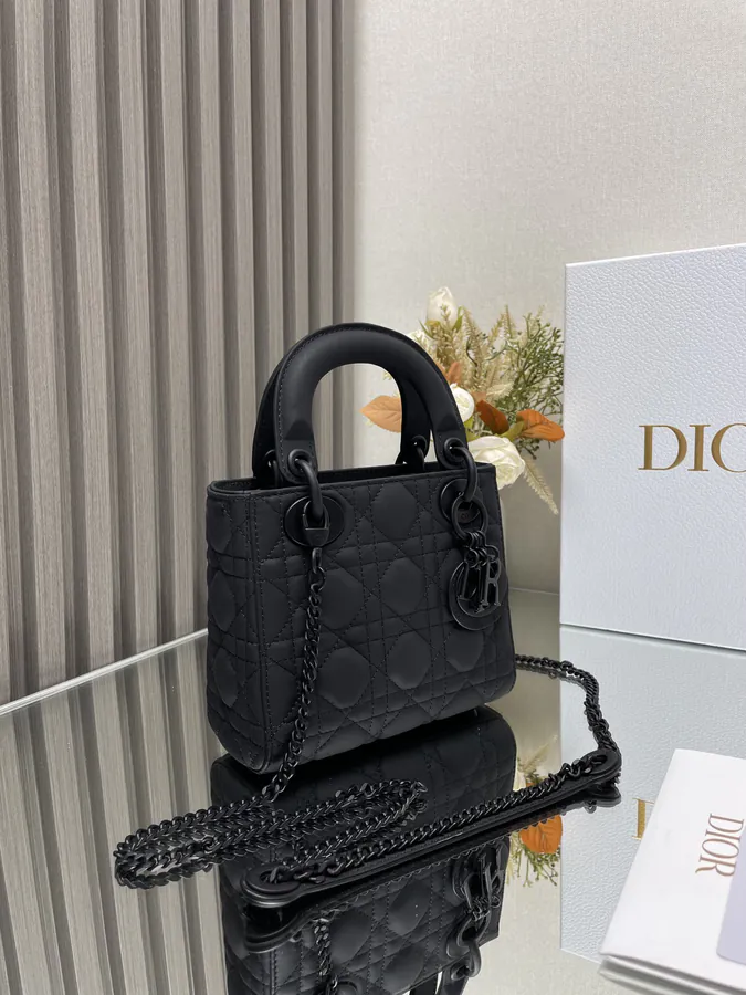 Classic Lady D Three Compartment Black Grained Calfskin Tote