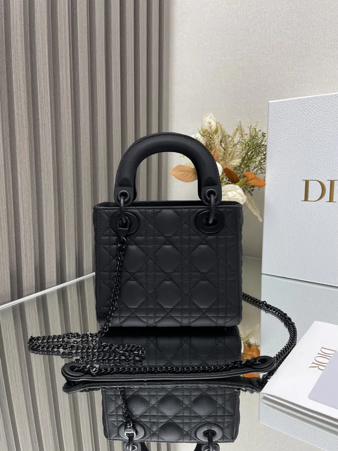 Classic Lady D Three Compartment Black Grained Calfskin Tote