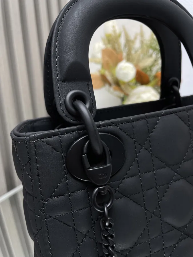 Classic Lady D Three Compartment Black Grained Calfskin Tote
