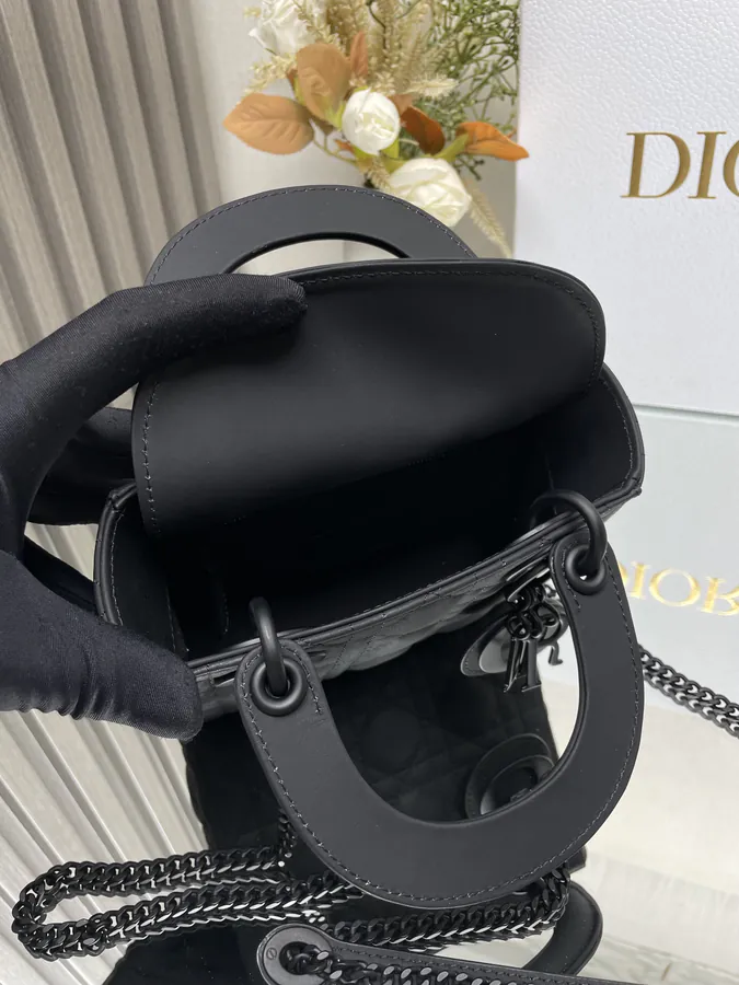 Classic Lady D Three Compartment Black Grained Calfskin Tote