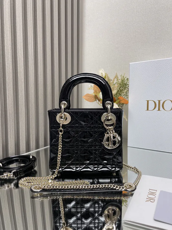 Classic Lady D Three Compartment Black Lacquered Calfskin