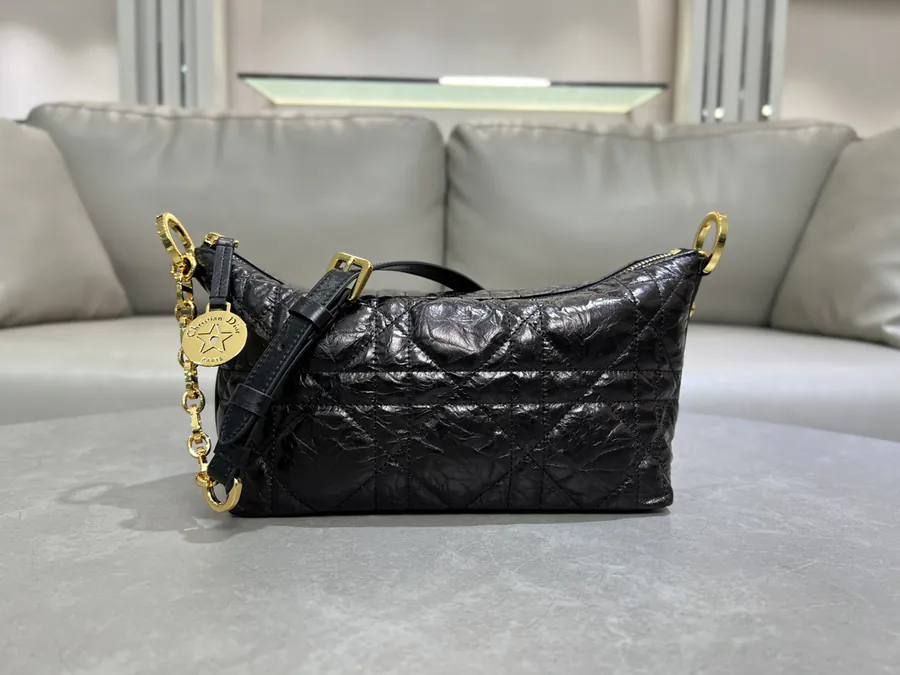 Cistian Paris Star Hobo Chain Bag Black Grained Calfskin