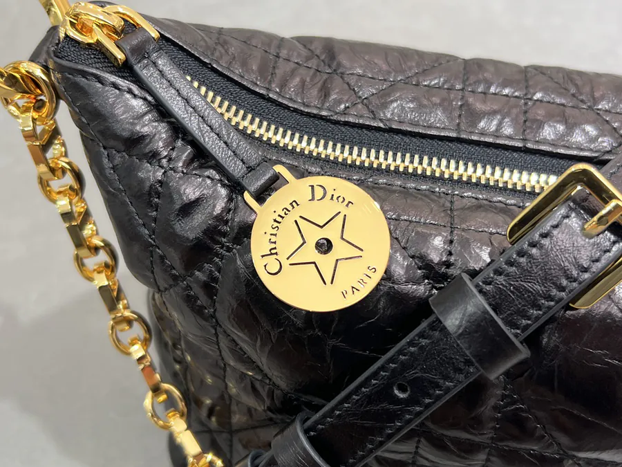 Cistian Paris Star Hobo Chain Bag Black Grained Calfskin