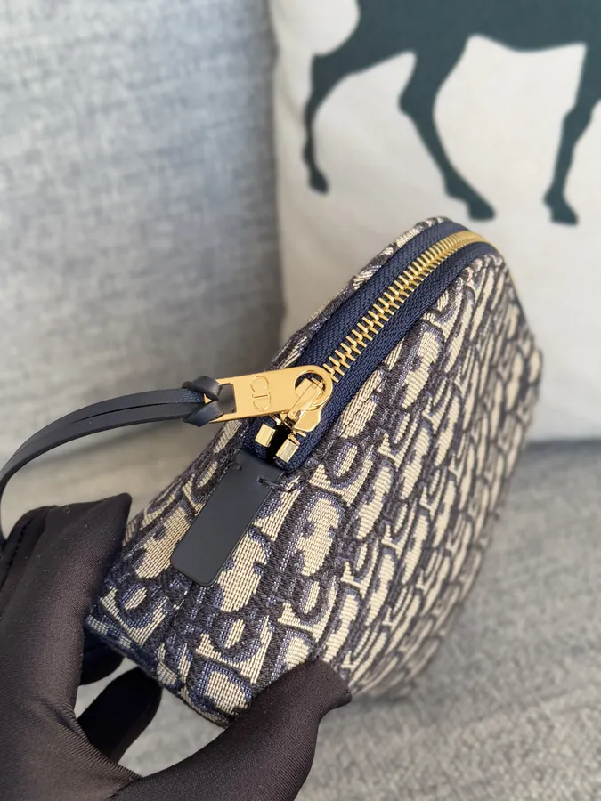 Blue Oblique Print Bucket Bag with Zippered Pockets