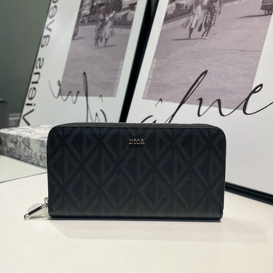Di0r CD Diamond Wallet in Smooth Black Calfskin