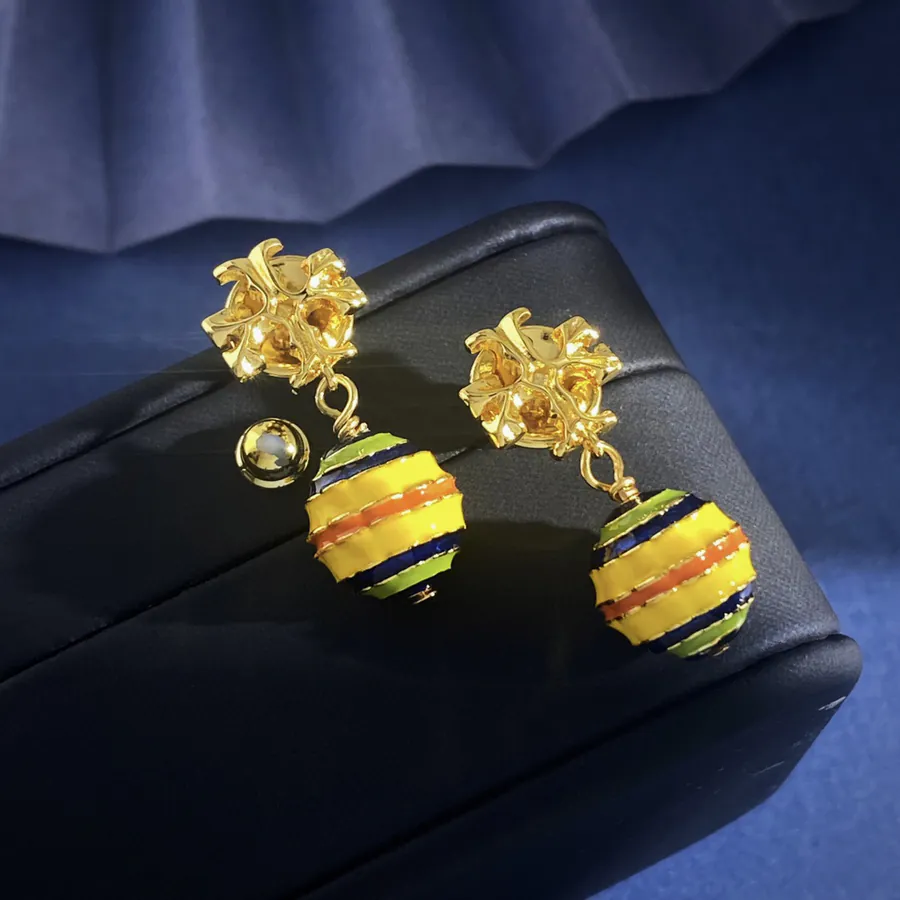Tory Burch Golden Double T Shape Candy Color Enamel Drop Pattern Balloon Pendant Earrings
