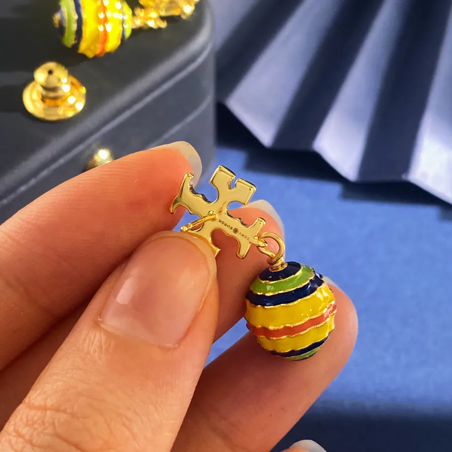 Tory Burch Golden Double T Shape Candy Color Enamel Drop Pattern Balloon Pendant Earrings