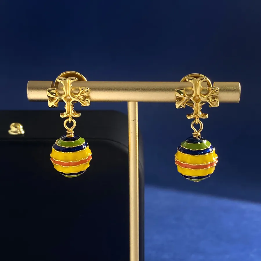 Tory Burch Golden Double T Shape Candy Color Enamel Drop Pattern Balloon Pendant Earrings