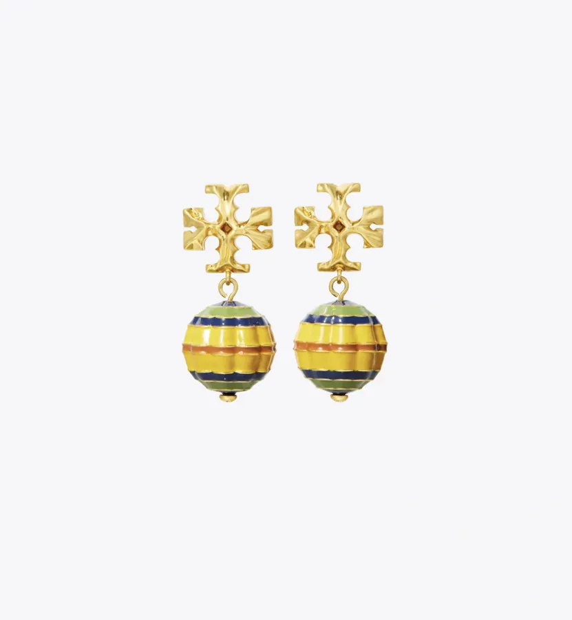 Tory Burch Golden Double T Shape Candy Color Enamel Drop Pattern Balloon Pendant Earrings