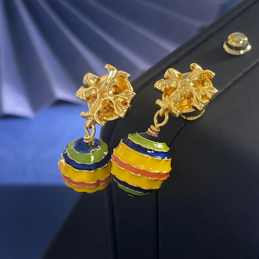 Tory Burch Golden Double T Shape Candy Color Enamel Drop Pattern Balloon Pendant Earrings