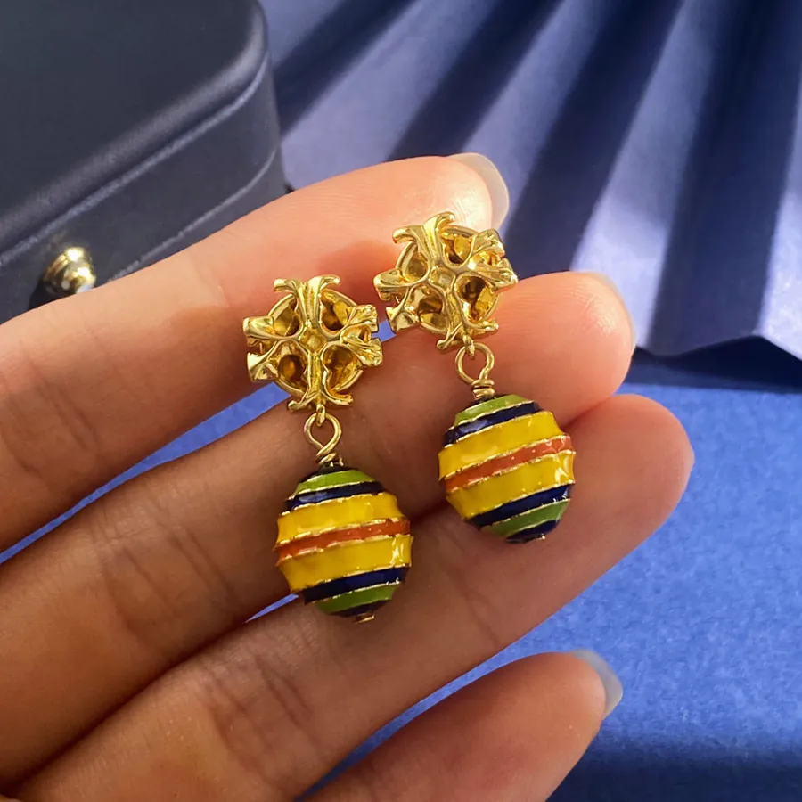 Tory Burch Golden Double T Shape Candy Color Enamel Drop Pattern Balloon Pendant Earrings