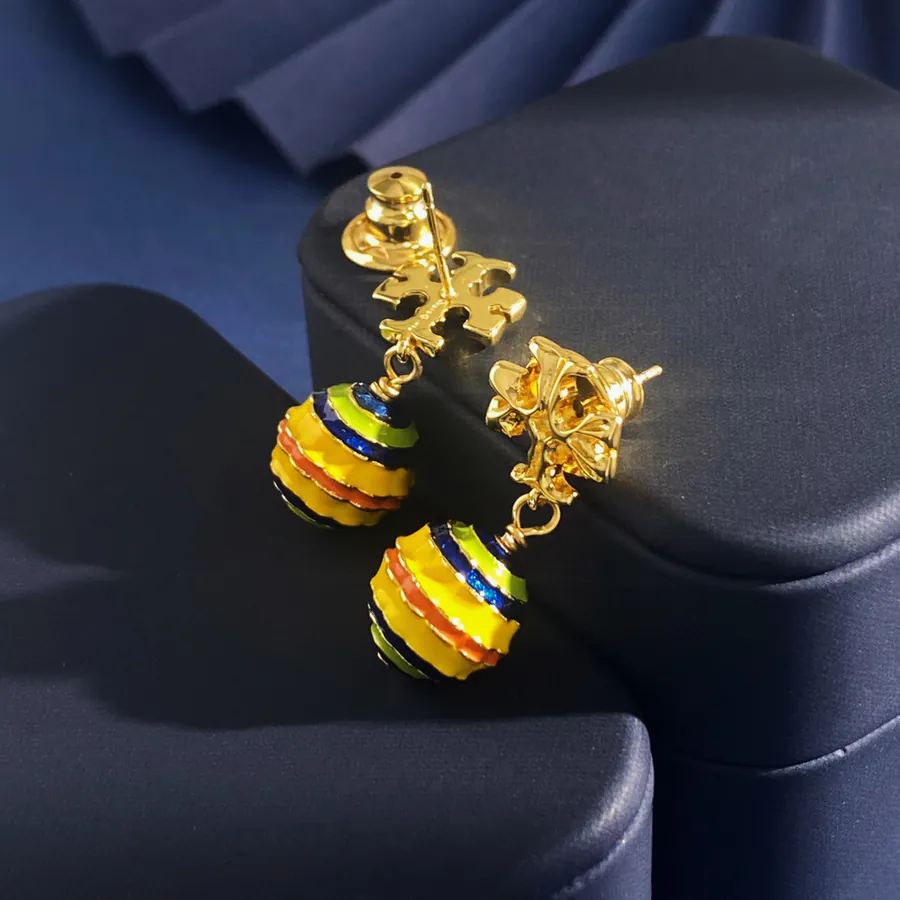 Tory Burch Golden Double T Shape Candy Color Enamel Drop Pattern Balloon Pendant Earrings