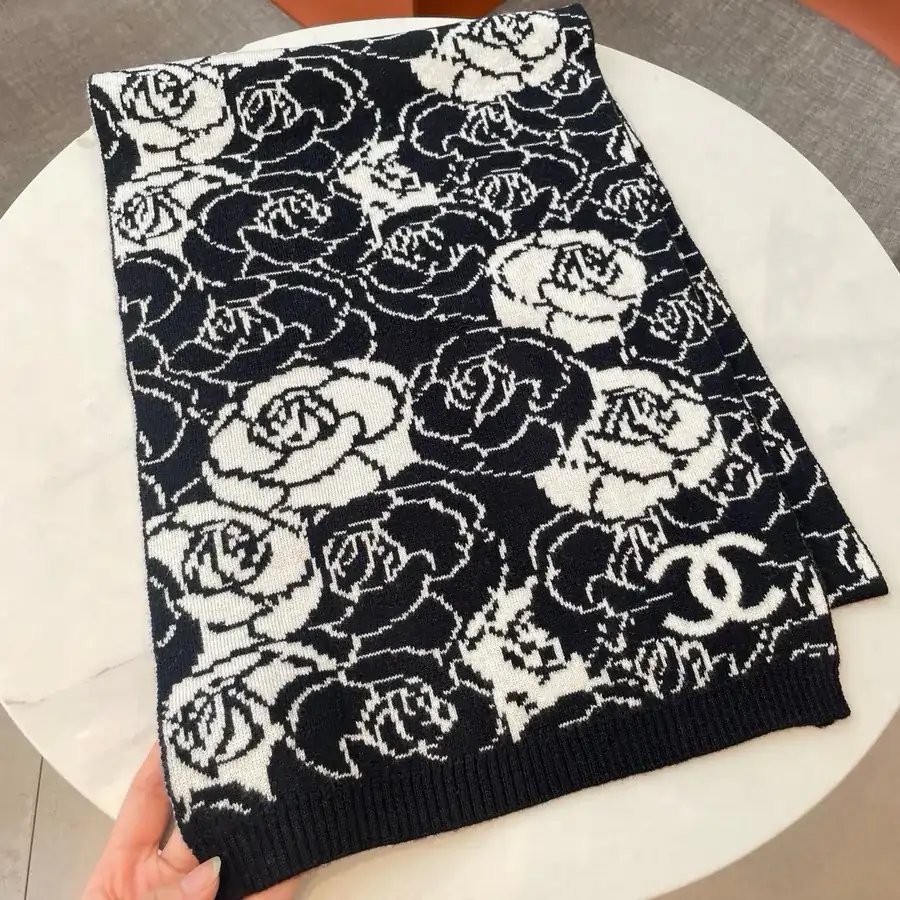 Channel Tea Rose Scarf in Black and White