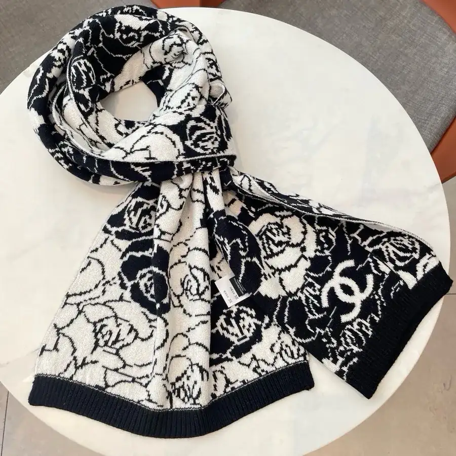 Channel Tea Rose Scarf in Black and White
