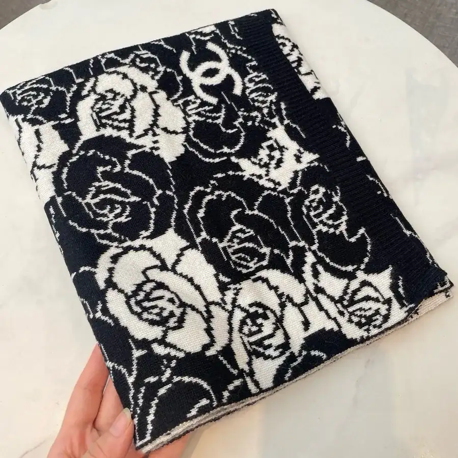 Channel Tea Rose Scarf in Black and White