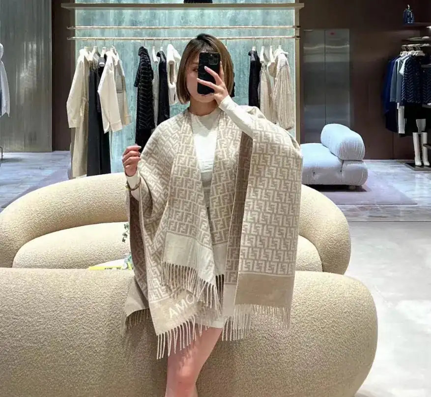 FF Letter Element Wool Cape, Handmade, 140x140cm