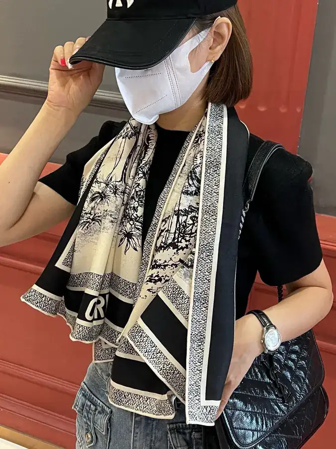 Voyage Ruffo Embroidered Scarf with Grained Calfskin Trim
