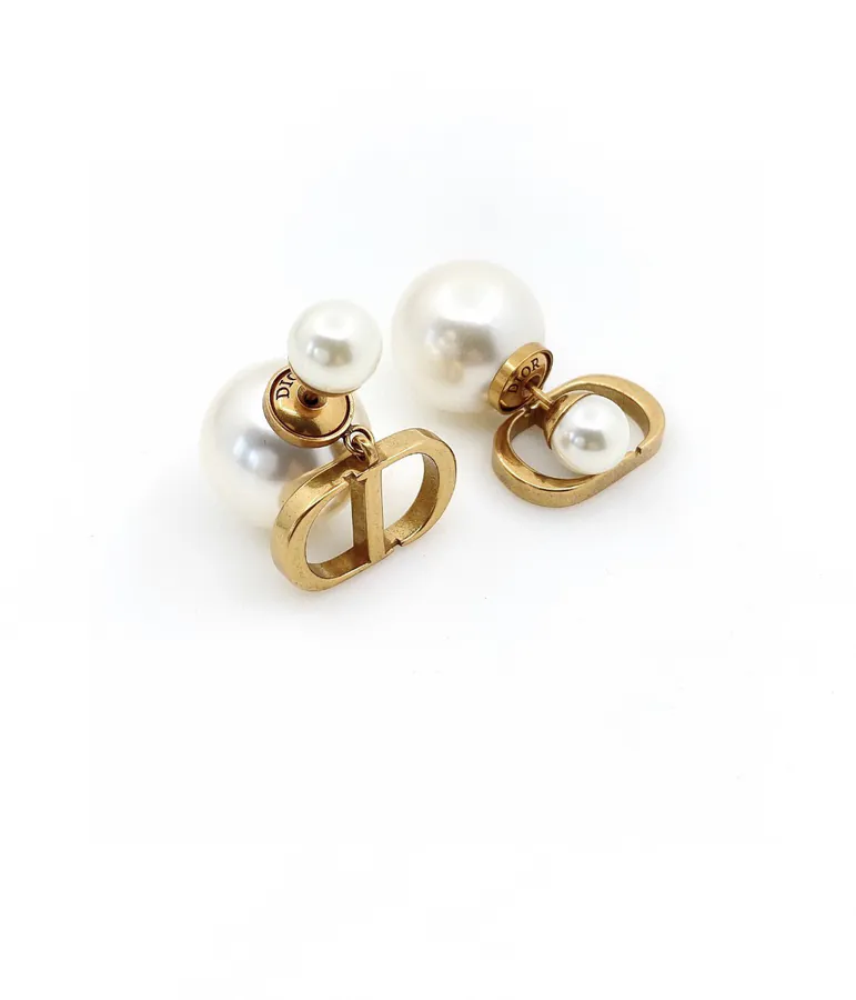 Di0r Pearls Earrings in Retro Gold with White Crystal Accents