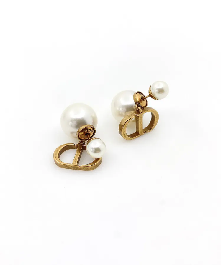 Di0r Pearls Earrings in Retro Gold with White Crystal Accents