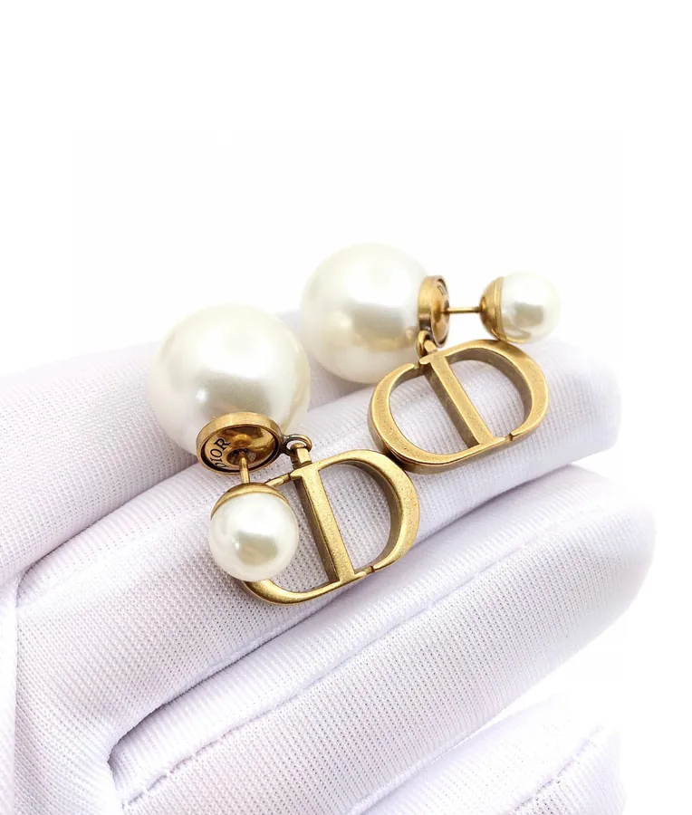 Di0r Pearls Earrings in Retro Gold with White Crystal Accents