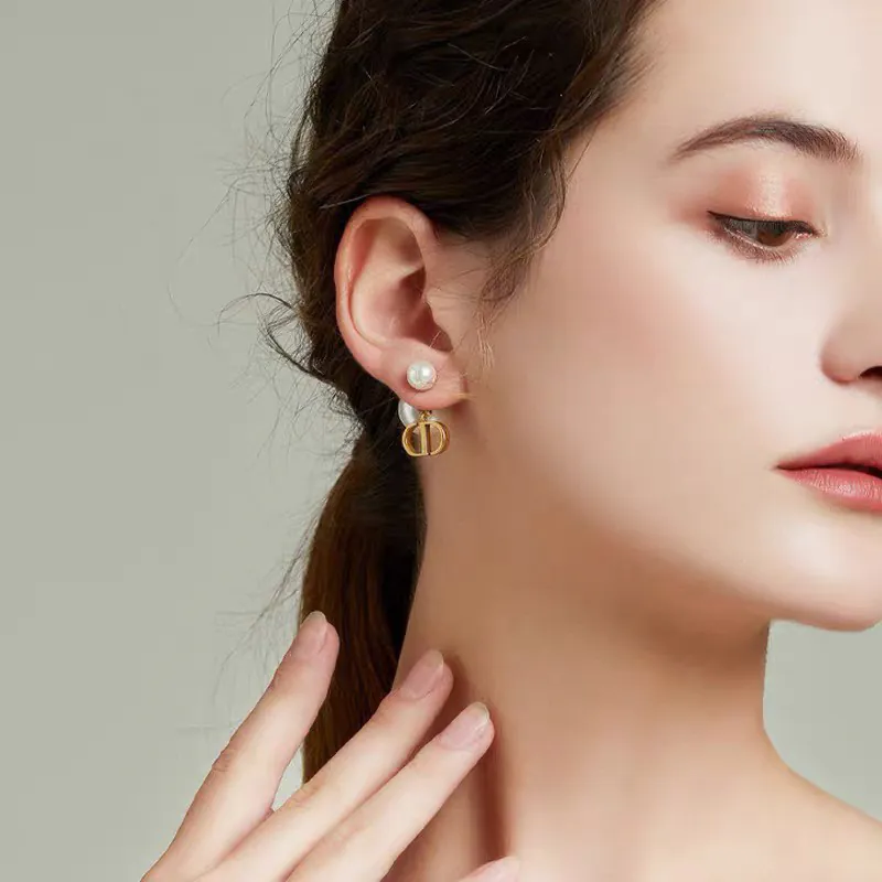 Di0r Pearls Earrings in Retro Gold with White Crystal Accents