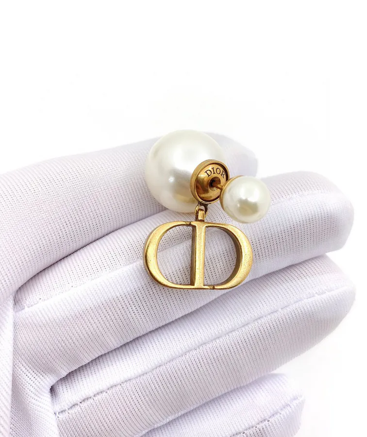 Di0r Pearls Earrings in Retro Gold with White Crystal Accents