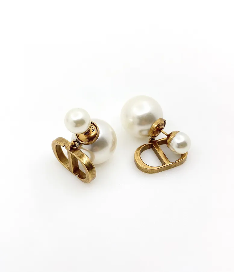 Di0r Pearls Earrings in Retro Gold with White Crystal Accents