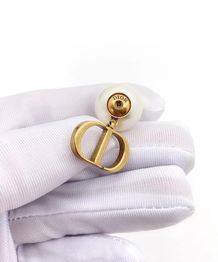 Di0r Pearls Earrings in Retro Gold with White Crystal Accents