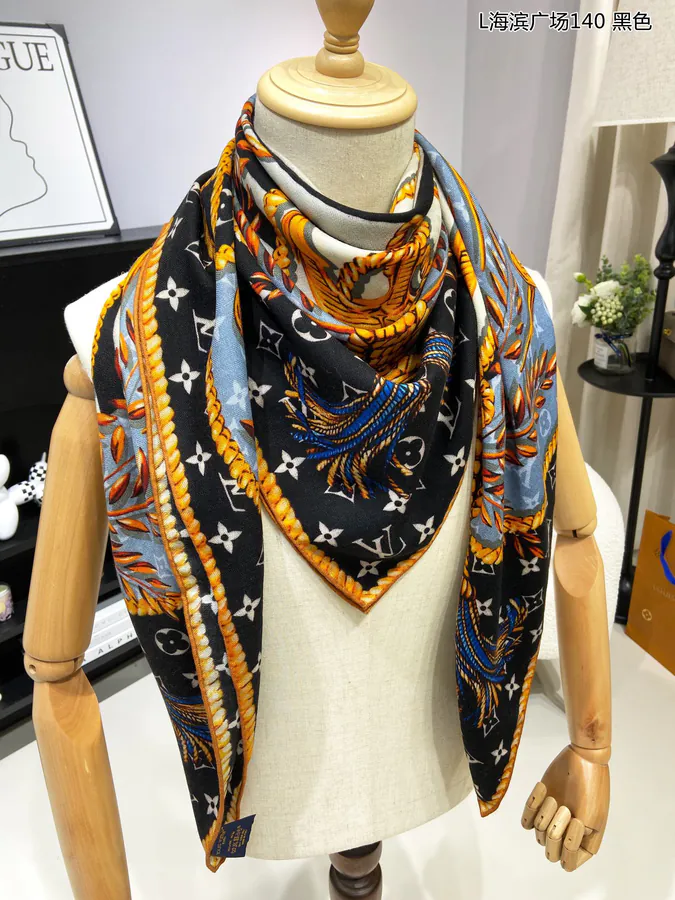 Lamb Wool Scarf by L, Artistic Design, Monogram Pattern, 140x140cm