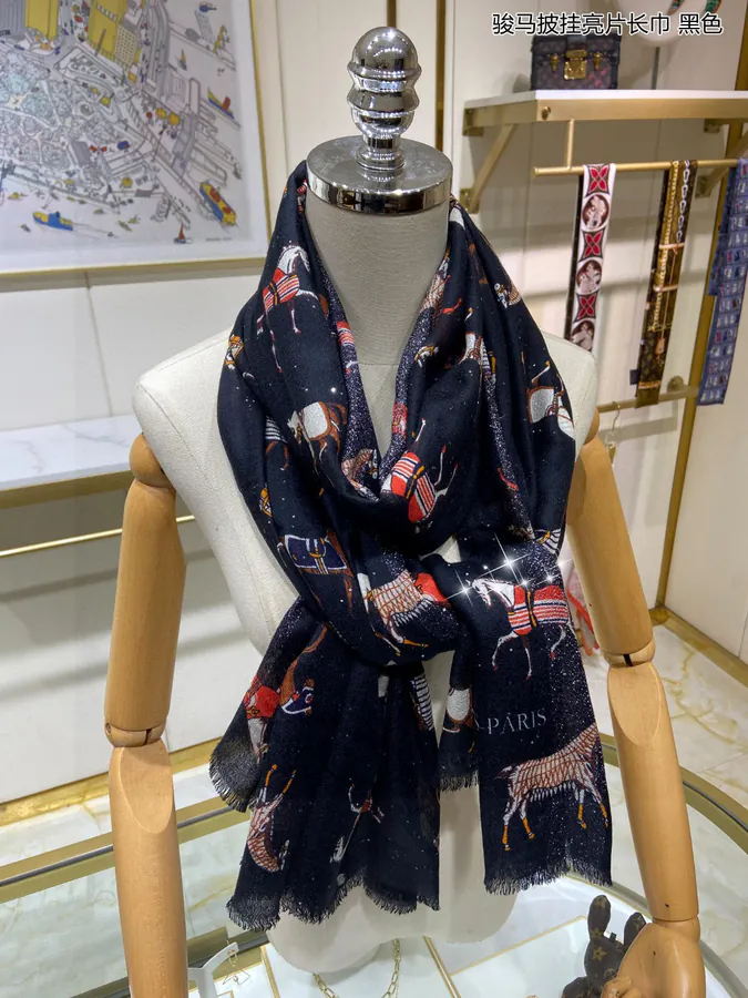 H Family Horse Embroidery Glitter Scarf Luxurious Long Scarf