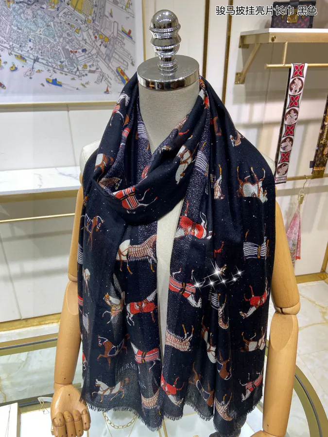 H Family Horse Embroidery Glitter Scarf Luxurious Long Scarf