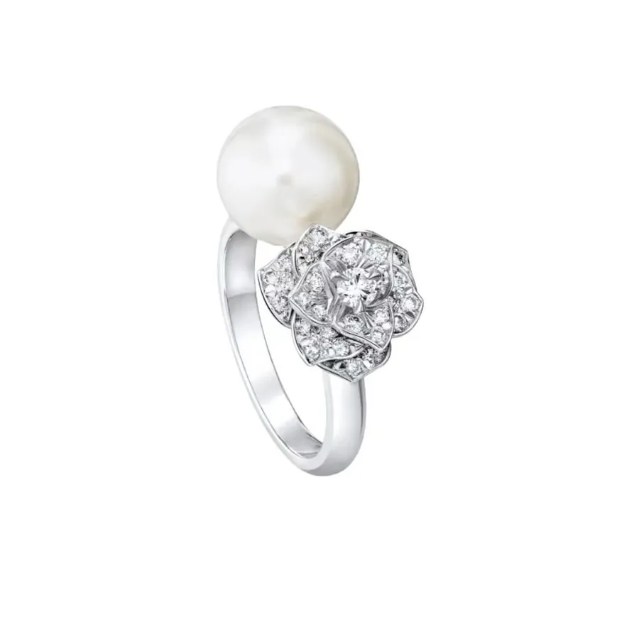 P95 A3735 Elegant Tea Rose Flower Open Ring with Diamonds and Pearls