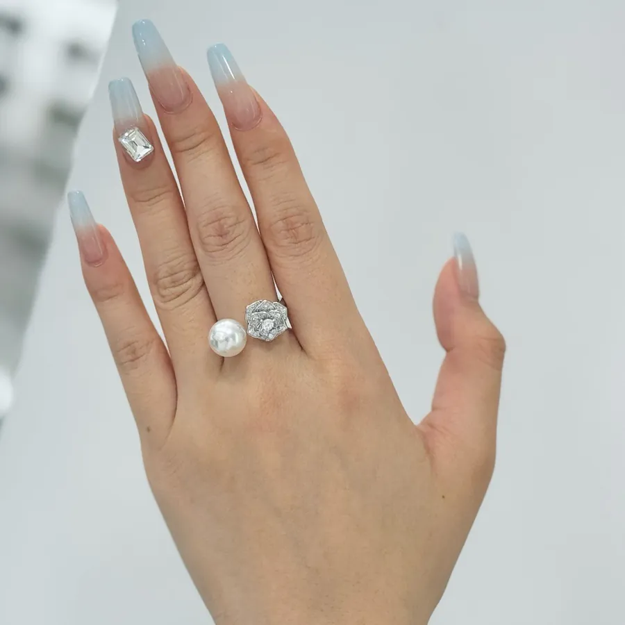 P95 A3735 Elegant Tea Rose Flower Open Ring with Diamonds and Pearls