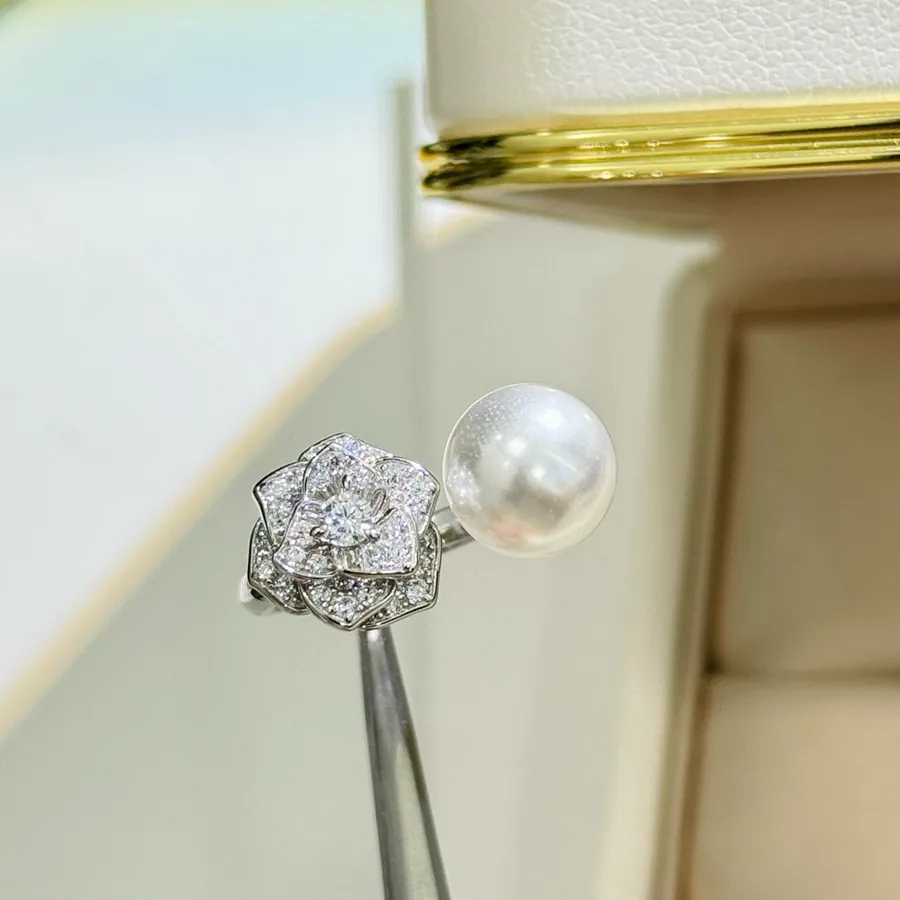 P95 A3735 Elegant Tea Rose Flower Open Ring with Diamonds and Pearls