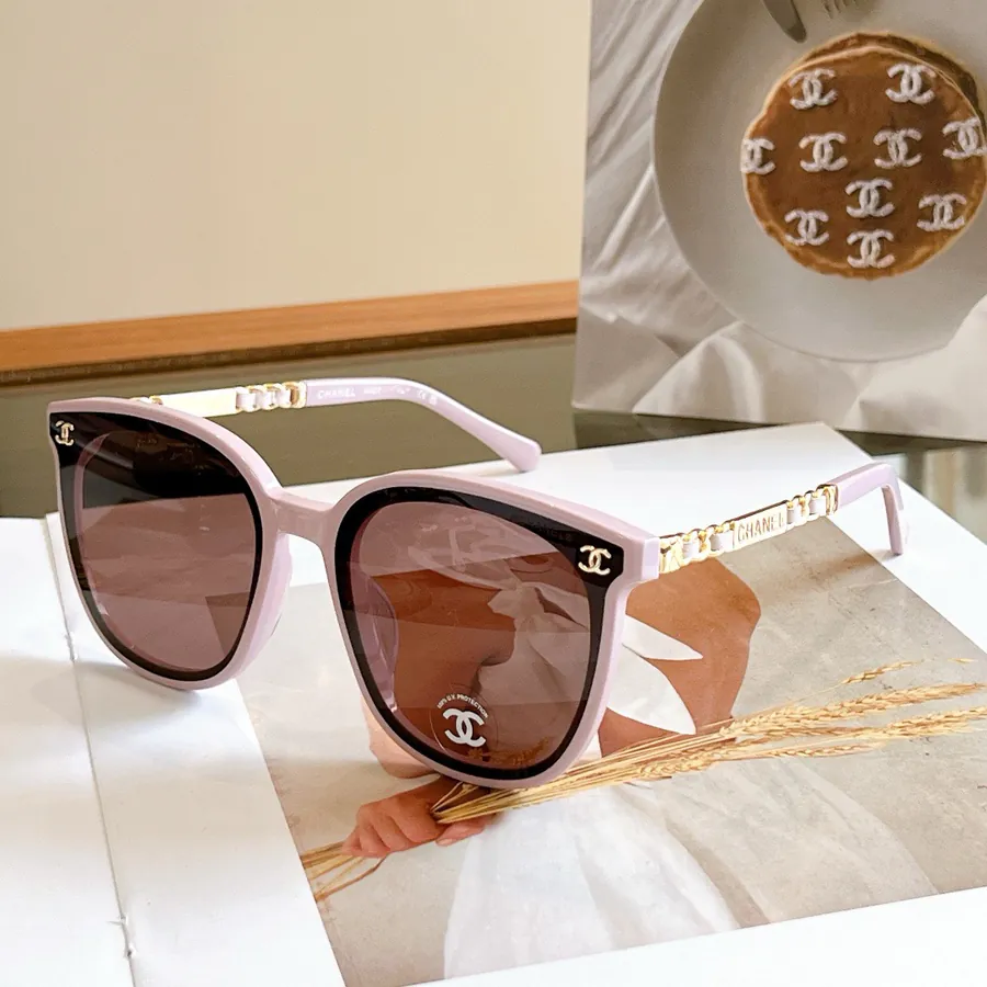Chane* 24ss Spring New Collection Exclusive Upgraded Grained Leather Chain Temple Sunglasses
