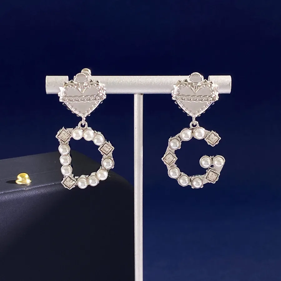 D&G Love Heart Pearl Zirconia DG Letter Earrings in Gold Plated Bronze