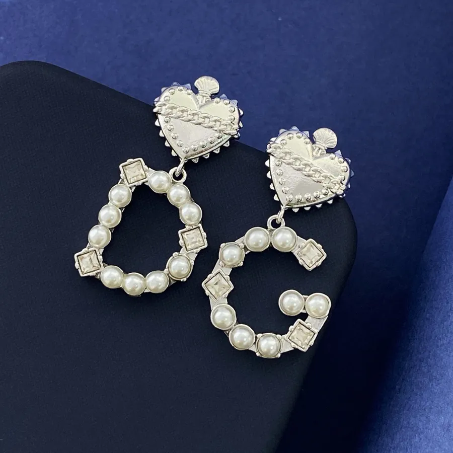 D&G Love Heart Pearl Zirconia DG Letter Earrings in Gold Plated Bronze
