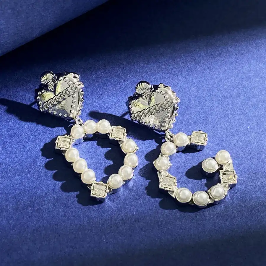 D&G Love Heart Pearl Zirconia DG Letter Earrings in Gold Plated Bronze