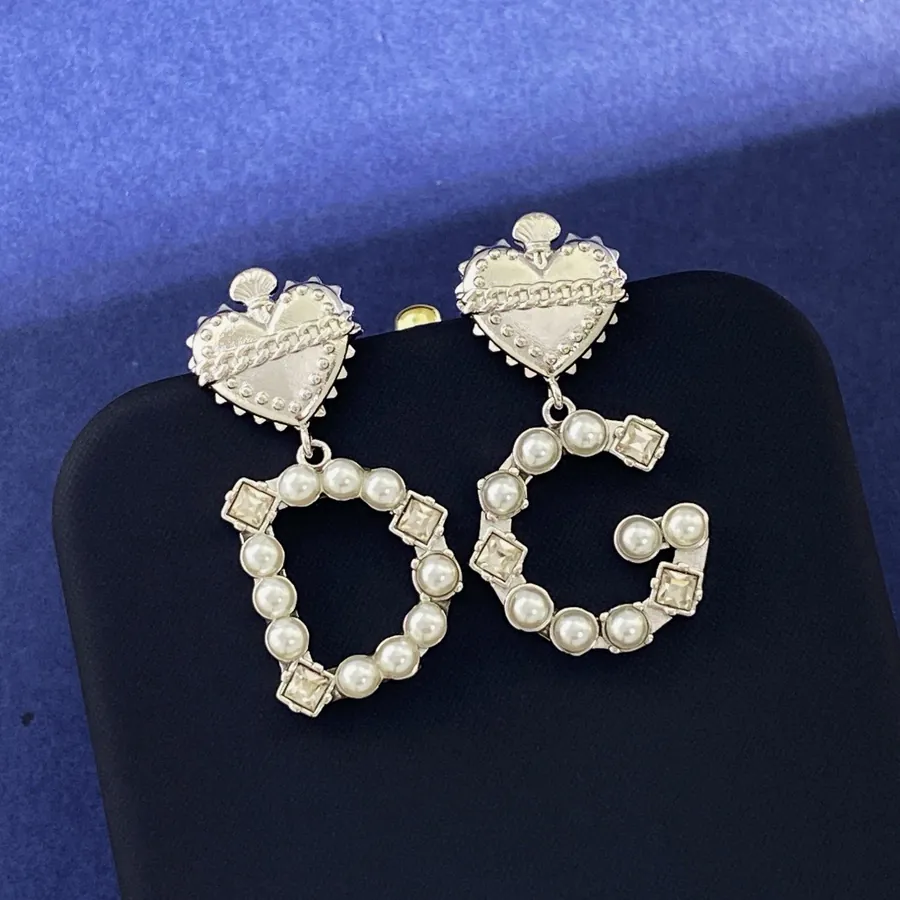D&G Love Heart Pearl Zirconia DG Letter Earrings in Gold Plated Bronze
