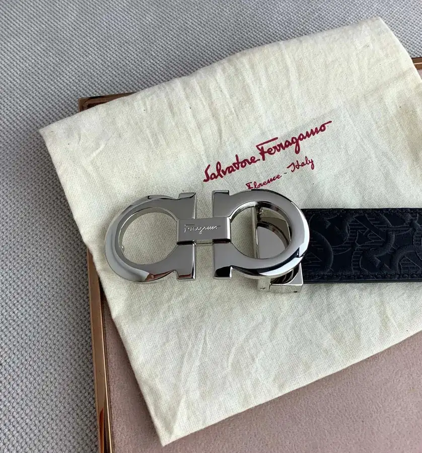 F Family New Black Grained Calfskin Belt with Gancini Clasp