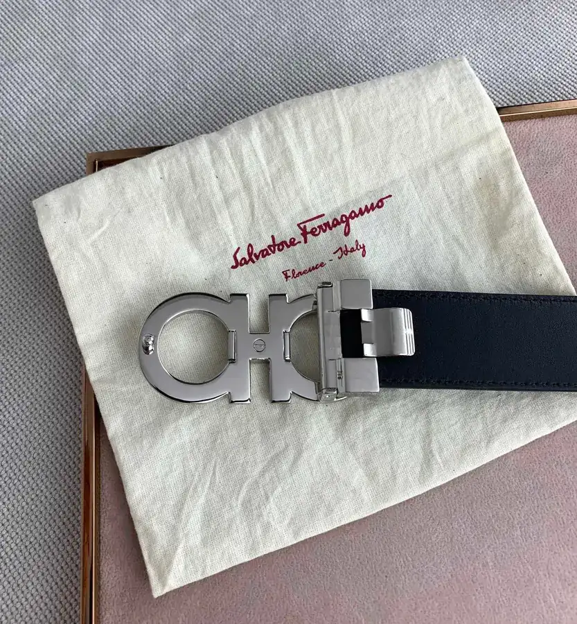 F Family New Black Grained Calfskin Belt with Gancini Clasp