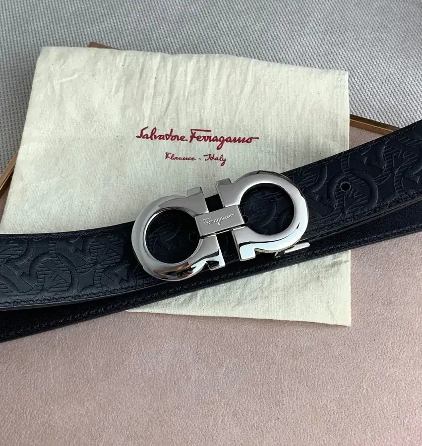 F Family New Black Grained Calfskin Belt with Gancini Clasp