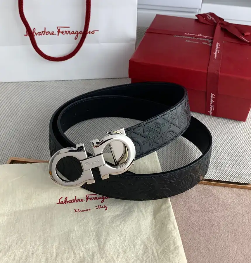 F Family New Black Grained Calfskin Belt with Gancini Clasp