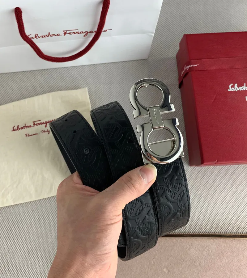 F Family New Black Grained Calfskin Belt with Gancini Clasp